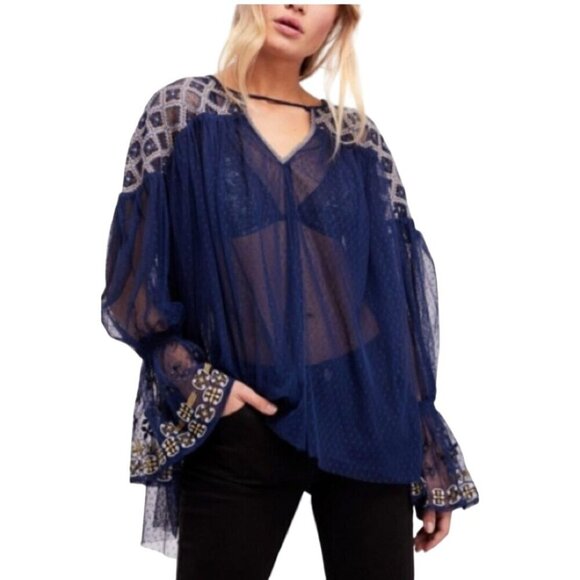 Free People Joyride Sheer Navy Bohemian Tulle Embroidered Top Size S - Picture 6 of 14
